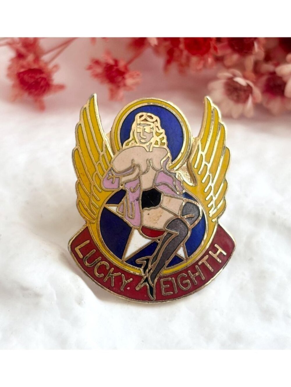 USAF WW2 Nose Art Lucky Eight Enameled Pin Up Girl Vintage Gold Toned Brooch Pin